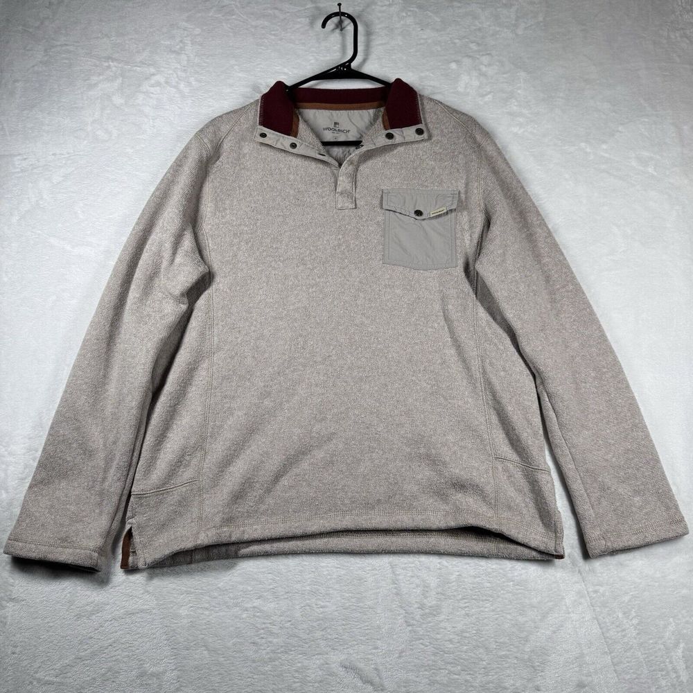 Woolrich 1/4 Snap Pullover Sweater Mens Medium Pocket Knit Sweater Neutral Beige